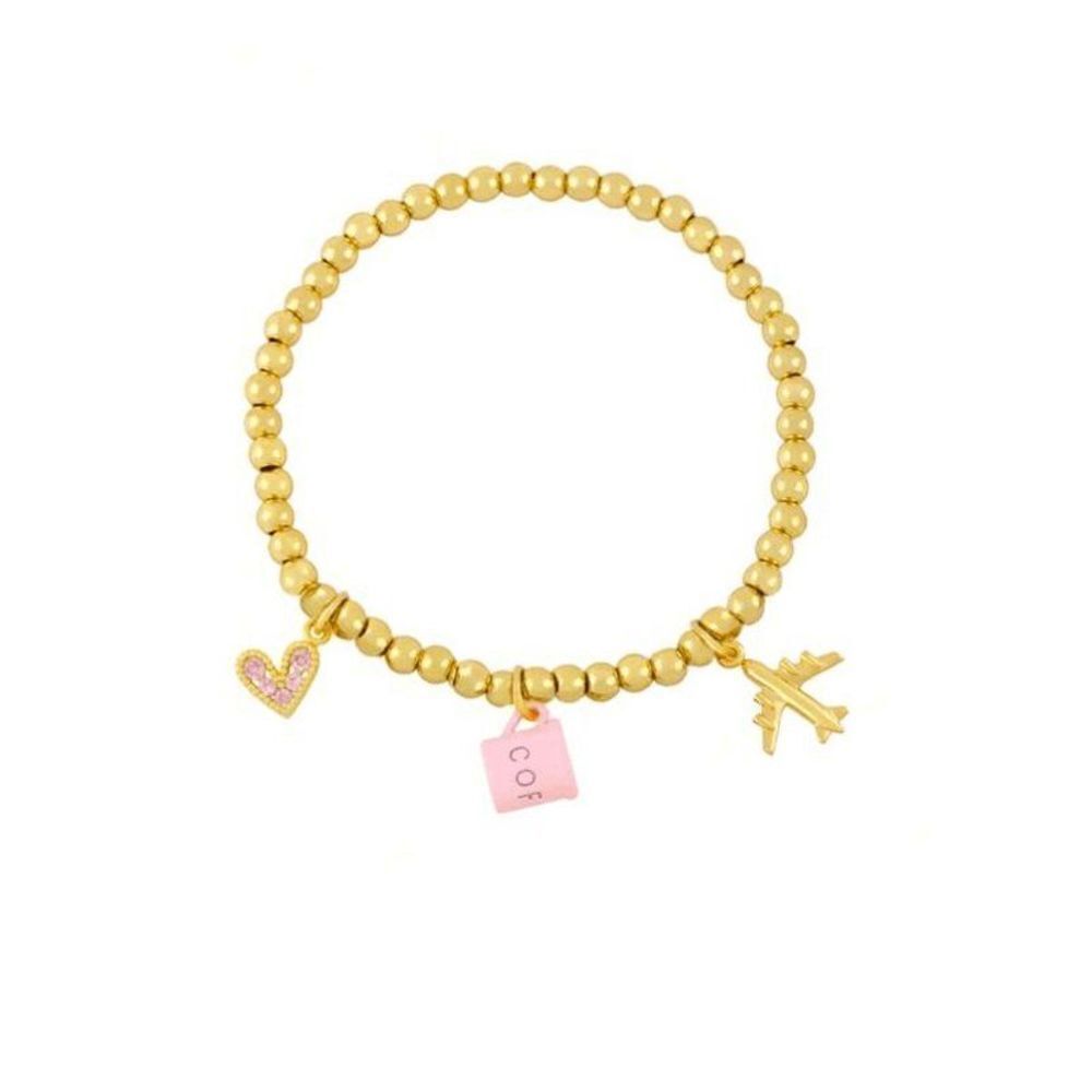 Gold Beaded Elastic Coffee Cup Airplane Charm Bracelet
